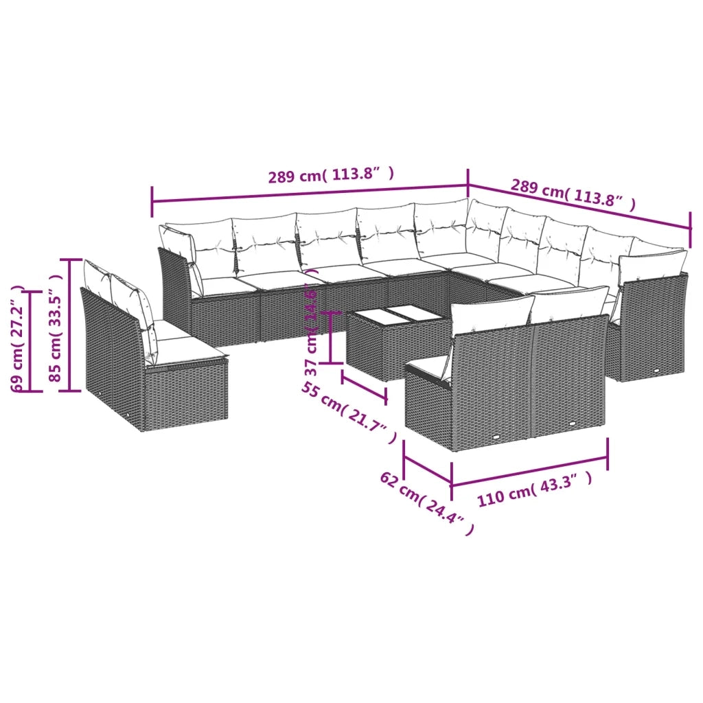Set Divani da Giardino 14pz con Cuscini in Polyrattan