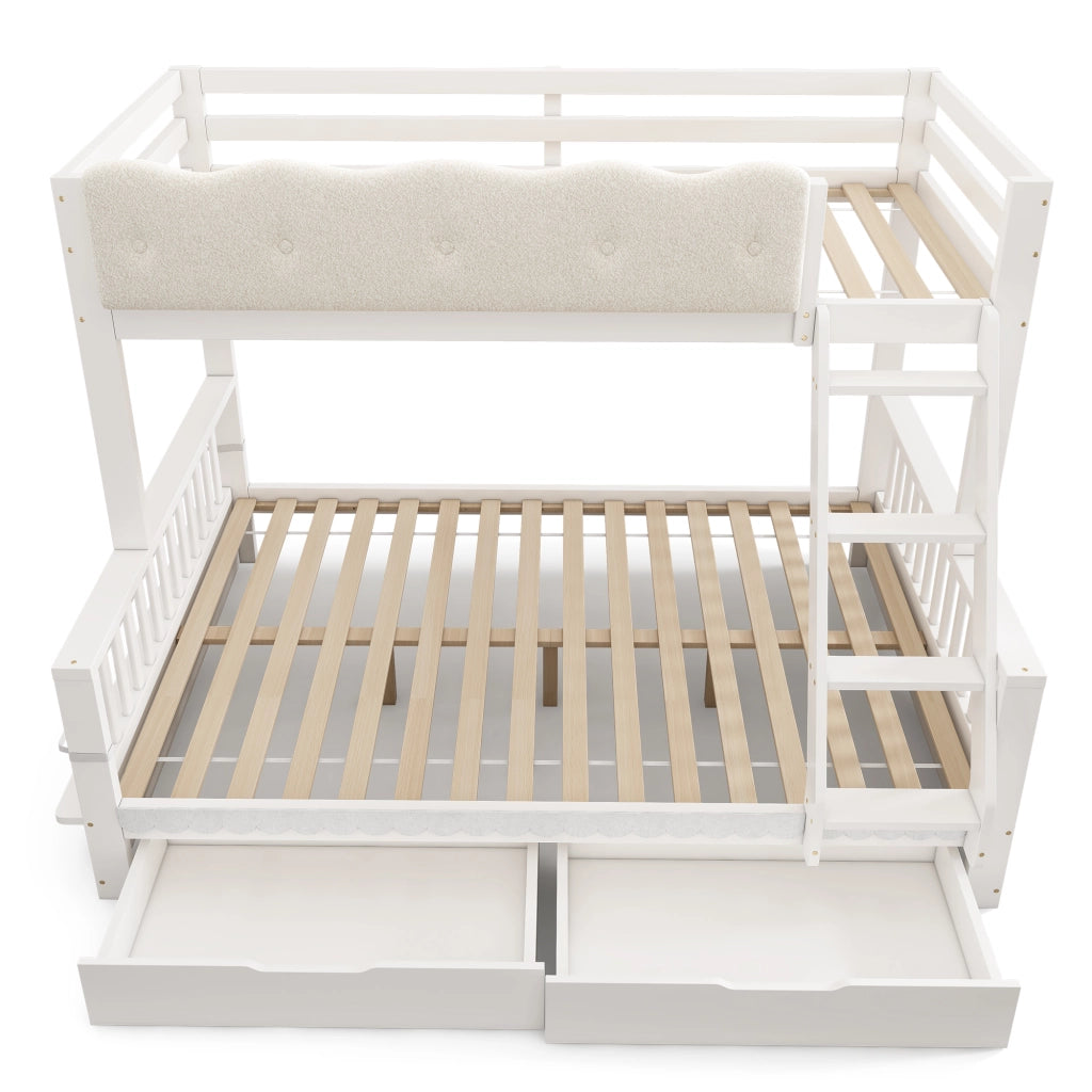 Letto a castello 90×200 cm e 140×200 cm con 2 cassetti e portariviste; senza materasso; legno; bianco