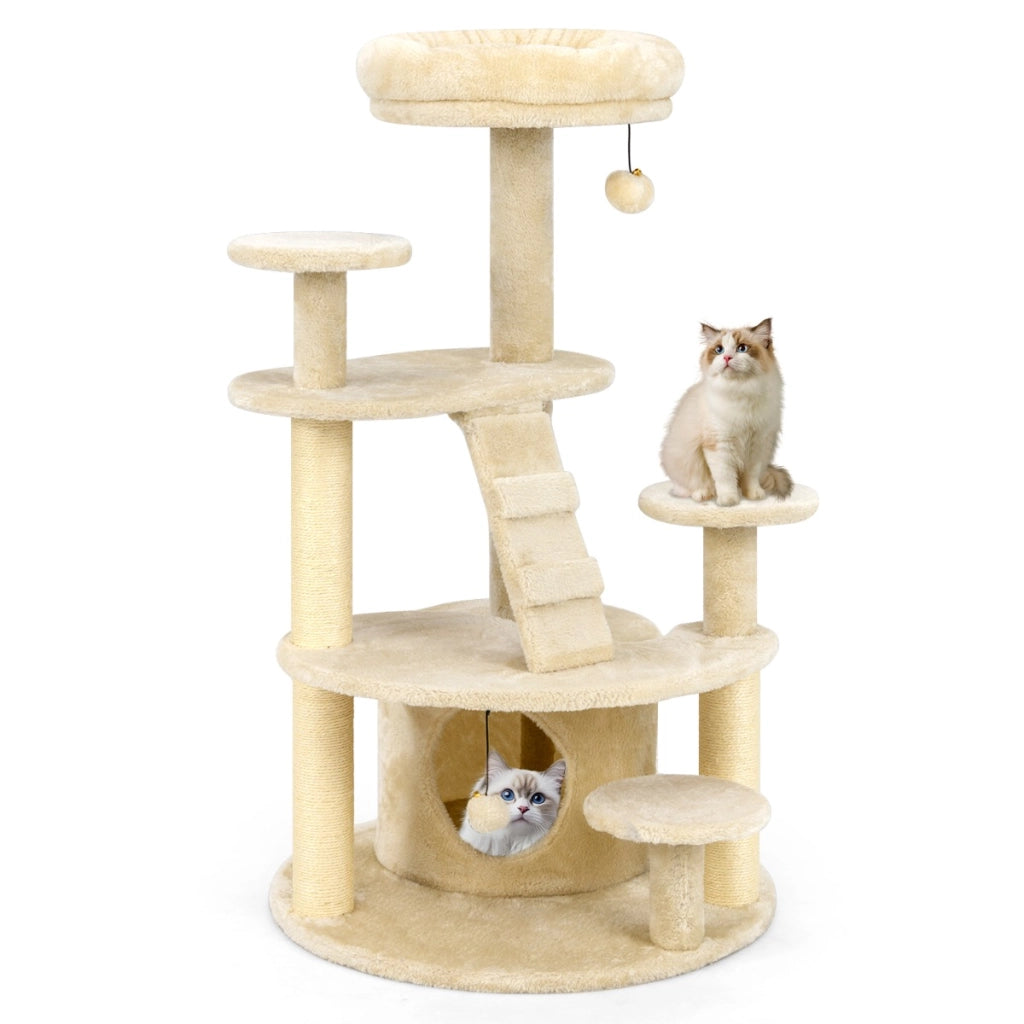 Albero per gatti adulti con condominio e piattaforma imbottita, Centro attivit¨¤ per animali domestici interno Beige-Alberi Tiragraffi