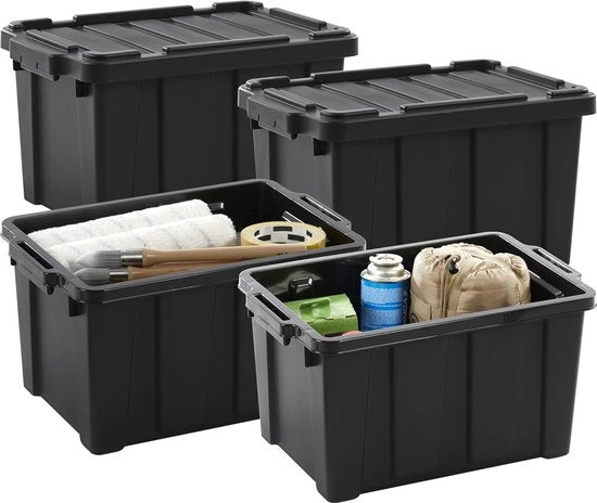 Scatola di stoccaggio con coperchio - 21L - Set di 4 - Stivabile e sovrapponibile - BPA-free - Nero