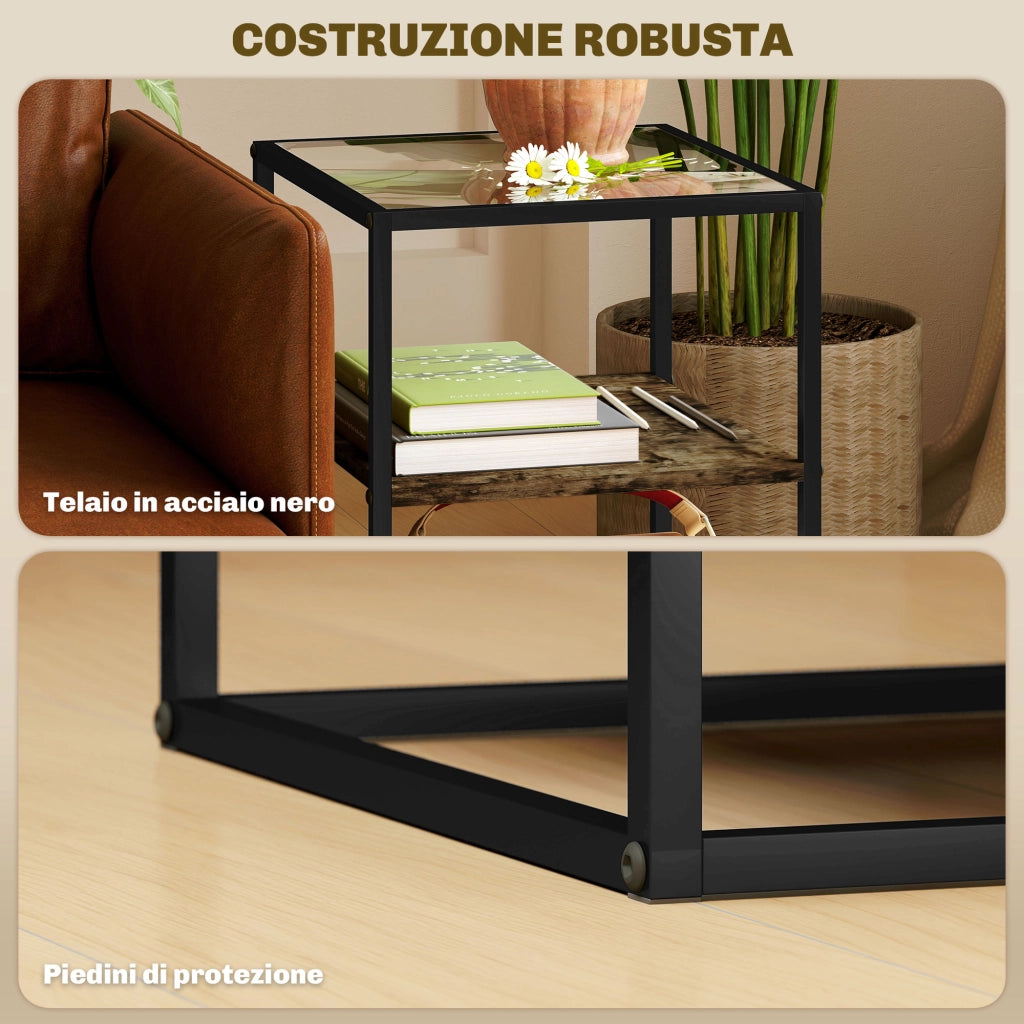 Set 2 Tavolini da Soggiorno a 3 Livelli in Legno e Metallo con Piano in Vetro Temperato, 37x40x55.5 cm, Marrone
