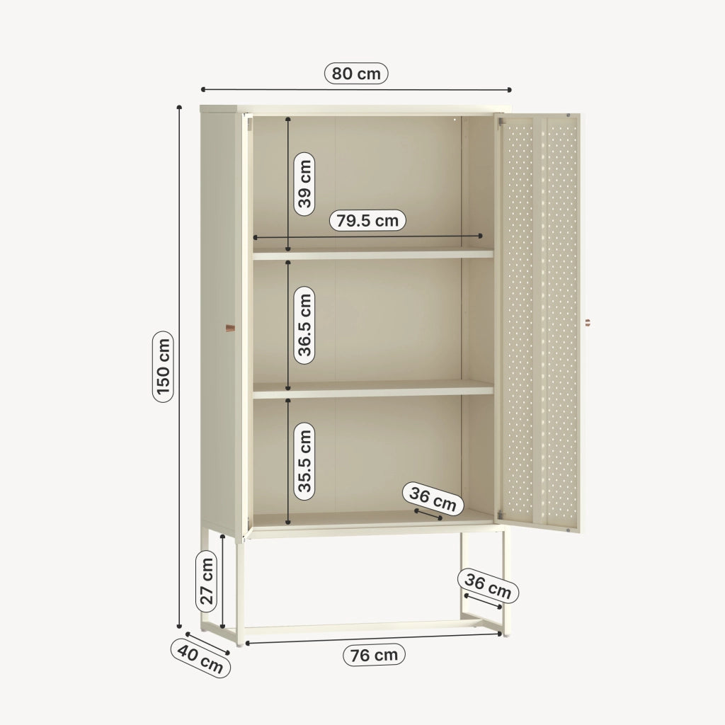 Mobile Contenitore Viitasaari Credenza Alta a 2 Ante e Ripiani 150 x 80 x 40 cm - Bianco Crema [en.casa]