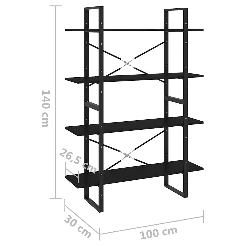 Libreria a 4 Ripiani-Scaffale per Libri-Mobile di Stoccaggio Nera 100x30x140 cm in Legno Multistrato