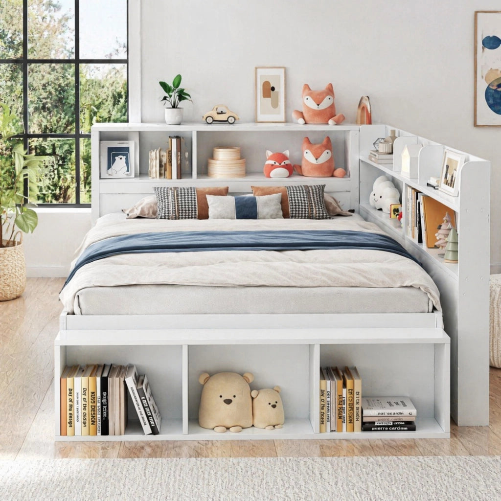 LETTO multifunzionale 140x200 cm bianco con cassetti e vani contenitore