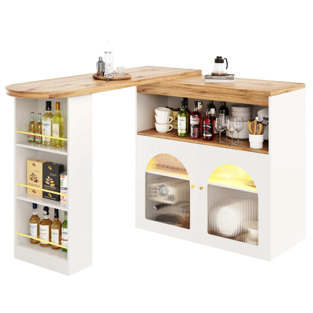 Bar tavolo allungabile girevole con LED e vano contenitore, bianco, 138-193 x 39 x 105 cm