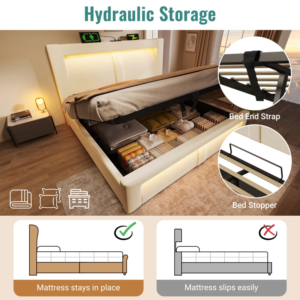 DESMIU Letto Contenitore 140 × 200 cm 2 Posti con LED, USB, Type-C, Contenitore Idraulico, senza Materasso, in Velluto Beige