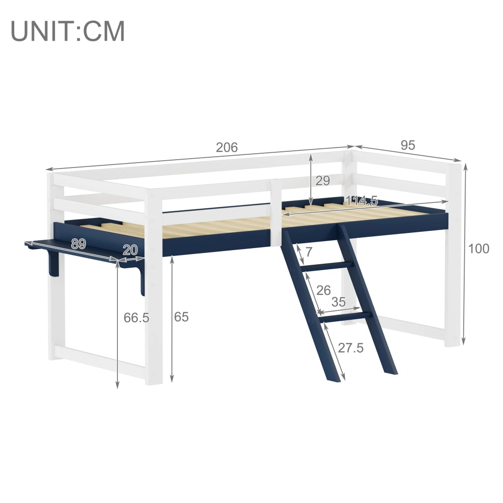 Letto a soppalco per bambini 90x200 cm in legno massello di pino, letto per bambini con sistema anticaduta, scaletta fissa e tavolino contenitore, ret