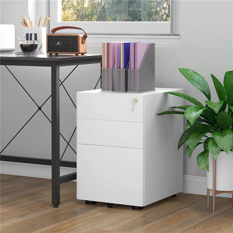 CASSETTIERA DA UFFICIO 3 CASSETTI IN ACCIAIO CON SERRATURA E ROTELLE, 39X48X59CM, BIANCO