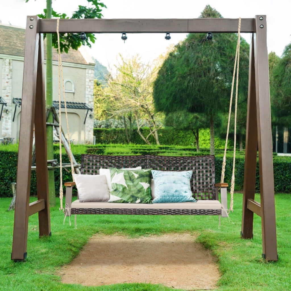 Sedia dondolo in rattan a 2 posti con cuscino e braccioli in legno di acacia, Panchina dondolo in vimini Beige