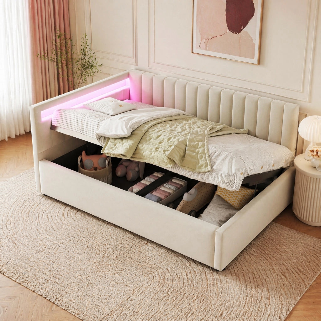 LETTO Contenitore 90x200 cm in velluto beige con LED