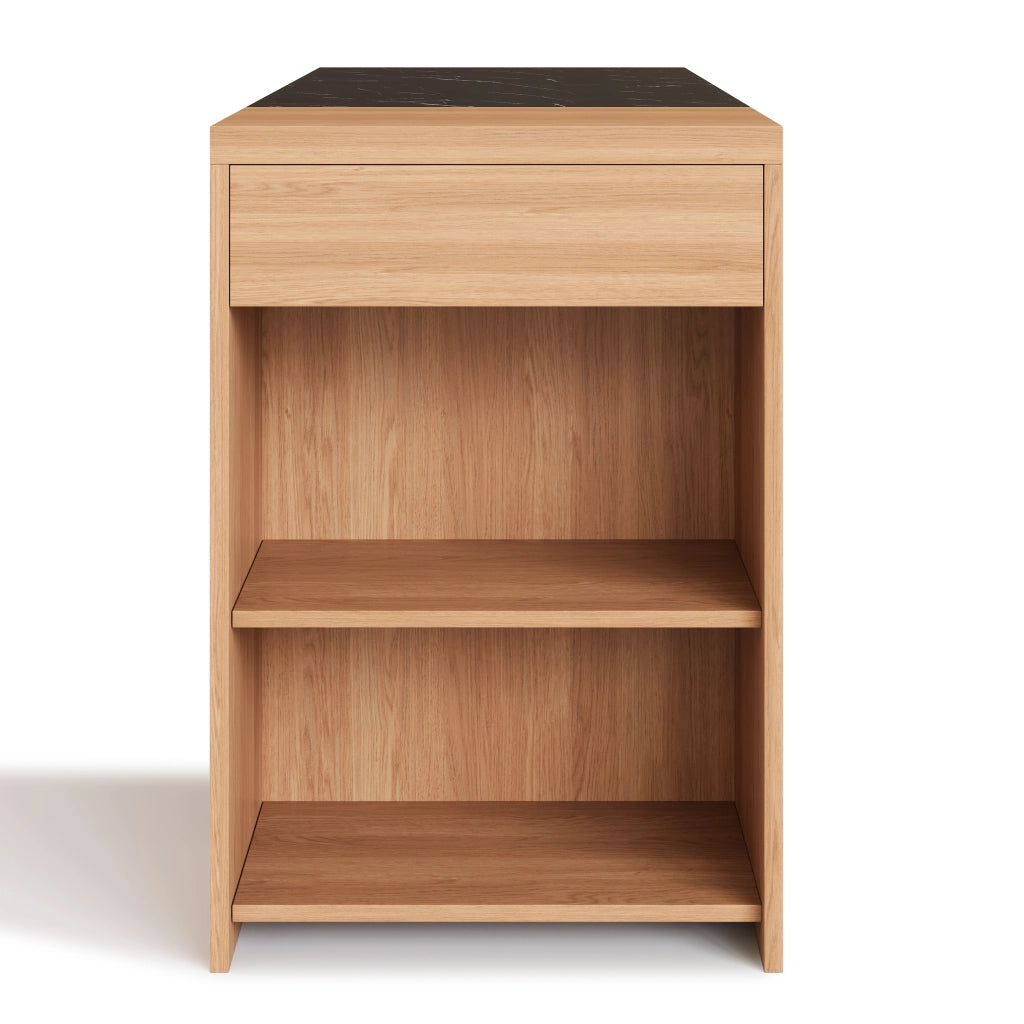 Tavolo da pranzo con ripiani e cassetto nascosto in MDF effetto marmo nero e rovere 140 × 60 × 90 cm