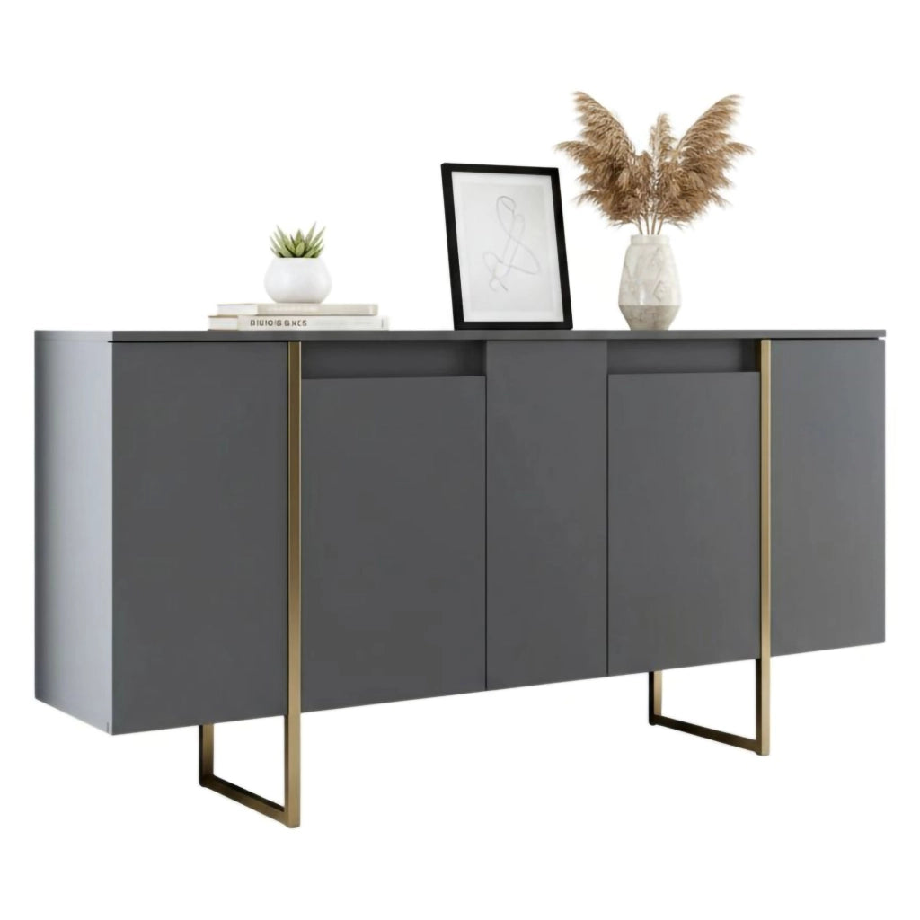 Credenza Arta, Buffet da soggiorno, Madia da salotto, Dispensa da cucina, 160x35h80 cm, Antracite e Oro