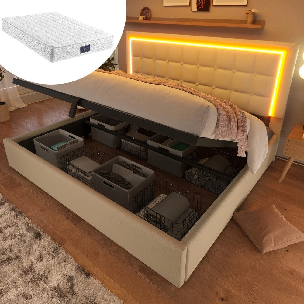 Letto Contenitore Imbottito con LED ¨C Xylo ¨C Similpelle Bianco, 160x200, con Materasso