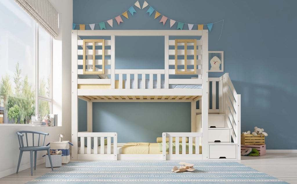 DESMIU Letto a castello per bambini 90 × 200 cm con scala-armadio, finestre in legno e senza materasso