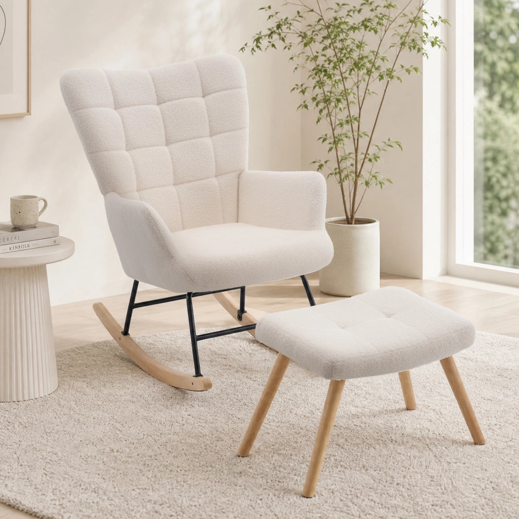 Poltrona a dondolo beige in lana di pecora 91x61x88 cm con poggiapiedi