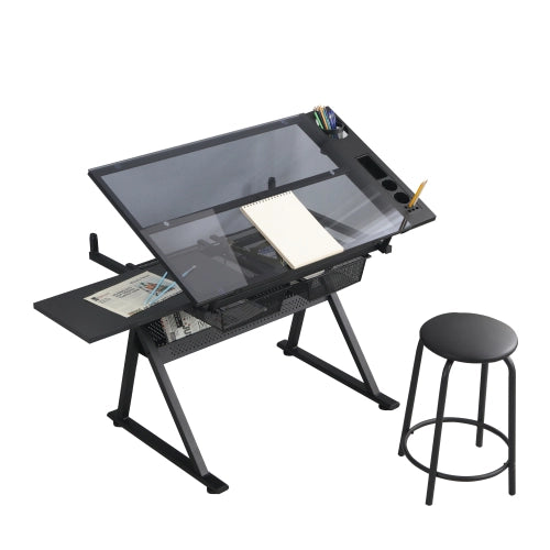 Scrivania lineare inclinabile con piano in vetro temperato, cassetti metallici e sgabello, nera, 101 × 72 × 17 cm