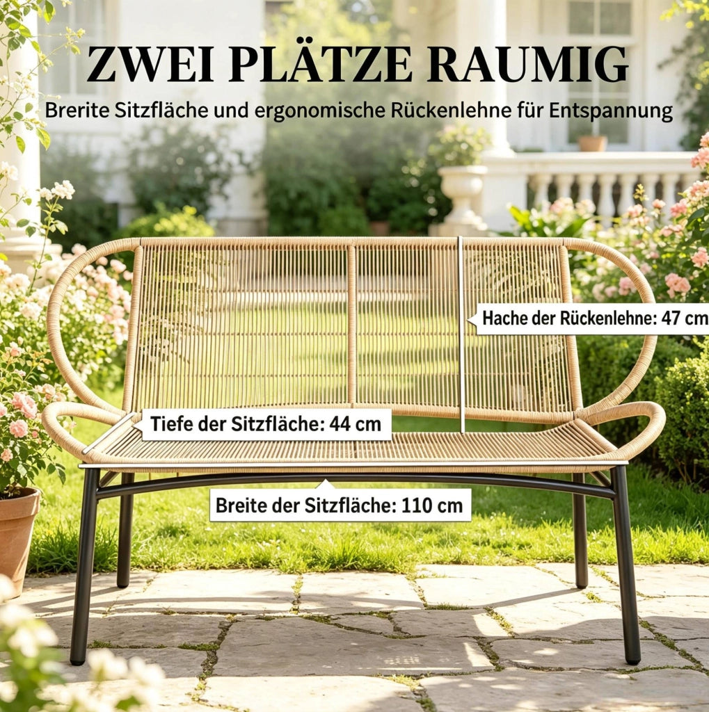 Panca da giardino 2 posti in rattan PE e metallo; 138 x 62 x 83 cm; nero e legno naturale