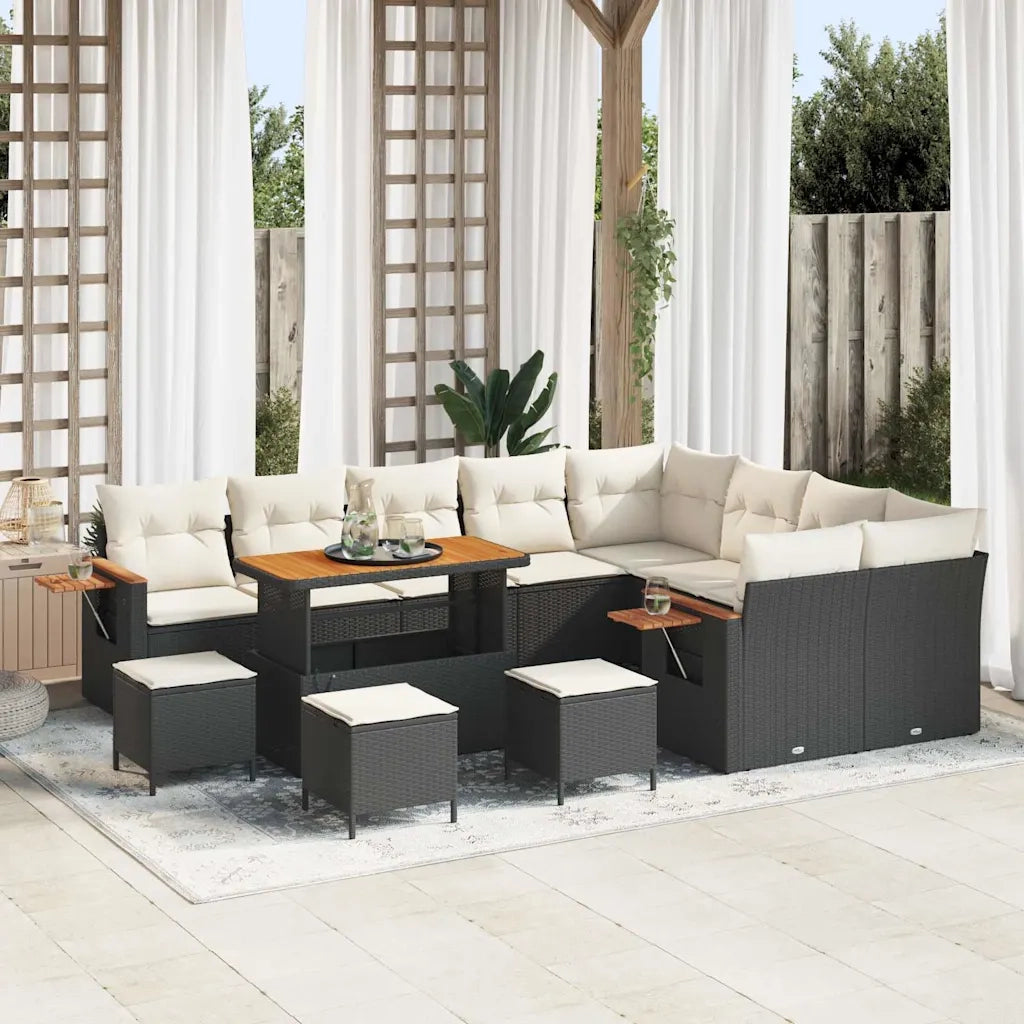 Set Divano da Giardino 14 pcs Nero e Crema polyrattan