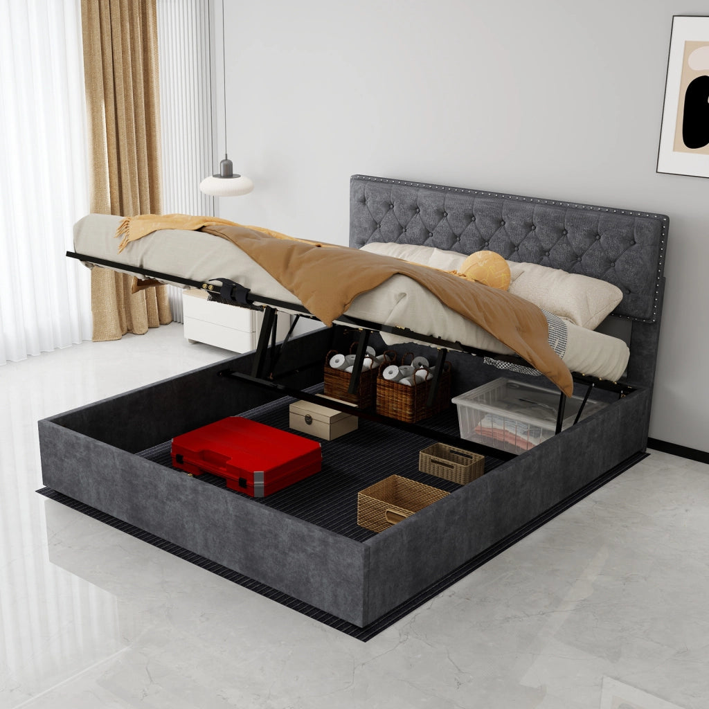 DESMIU Letto contenitore 160 × 200 cm 2 posti con spazio sotto il letto, senza materasso, in tessuto e metallo, grigio