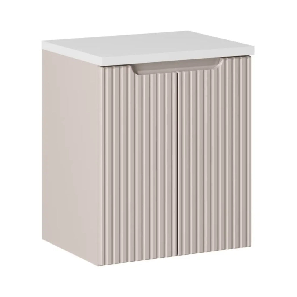 Insieme VANO cachemire e bianco 50cm: mobile sottolavabo con ante scanalate verticalmente + piano per lavabo in bianco opaco