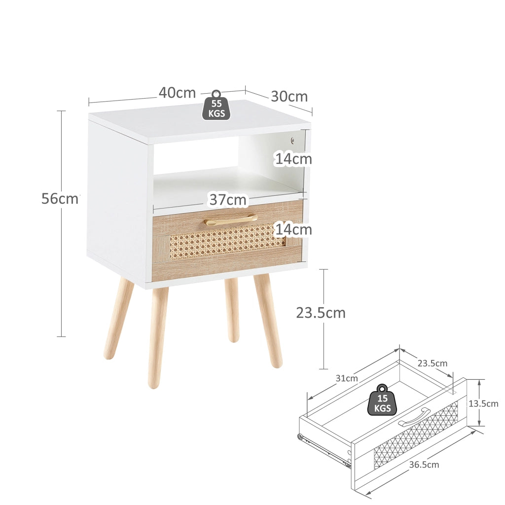 TAVOLINO con cassetto in MDF e rattan, gambe in legno massello, bianco/naturale