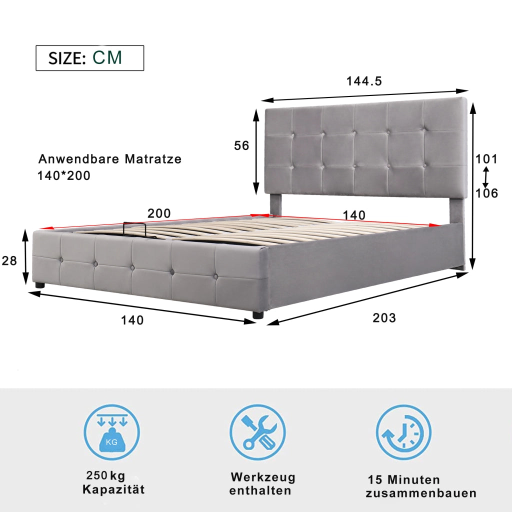 letto imbottito velluto grigio 140 x 200 cm