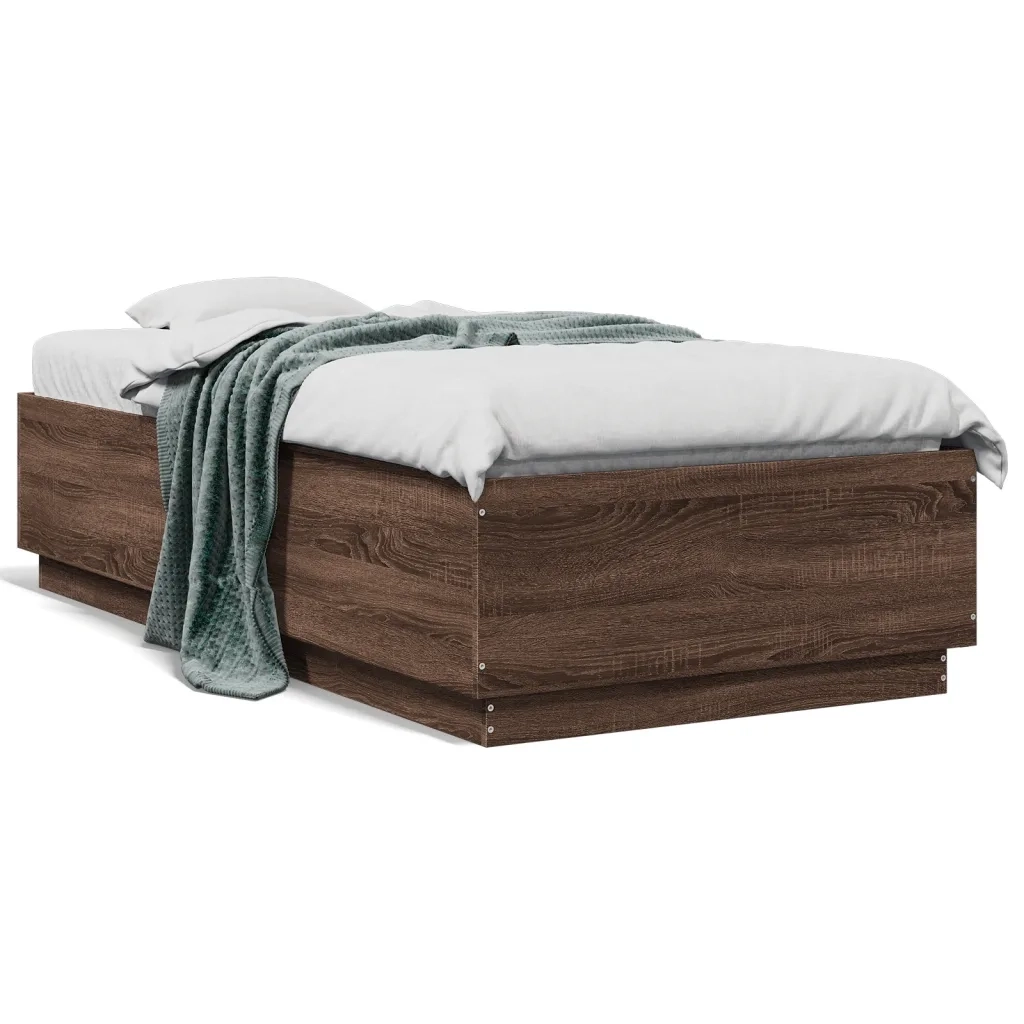 Letto singolo | Letto per adulti | Giroletto Luci LED Rovere Marrone 90x190cm in Legno Multistrato