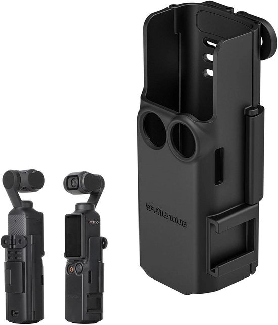 Adattatore di espansione multifunzionale per la montatura di una camera OSMO Pocket 3, con protezione in gomma, contenitore con chiusura e interfaccia pieghevole a doppia punta.