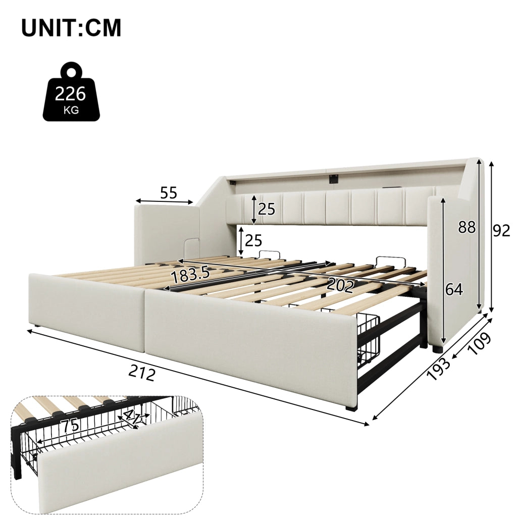 Daybed 90 x 200 cm con USB, Type-C, LED e 2 cassetti, beige