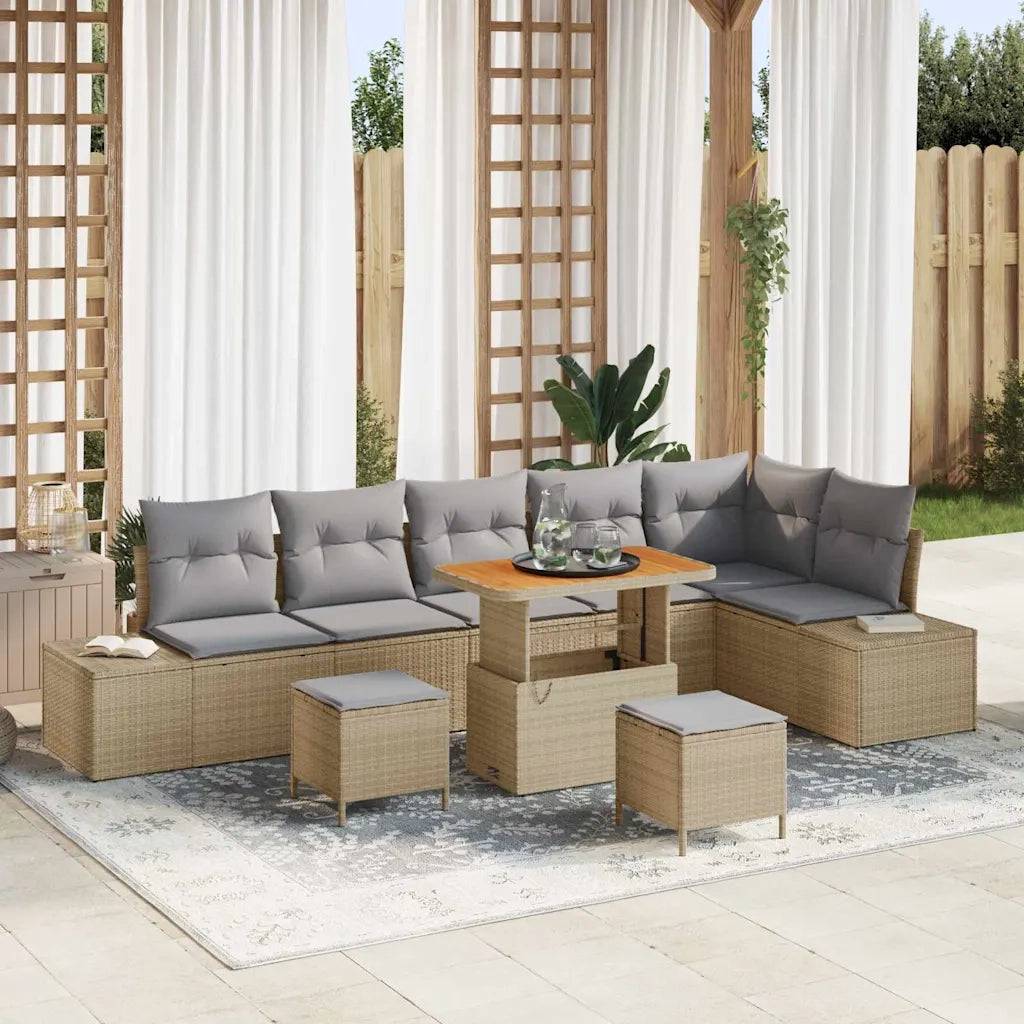 Set Divano da Giardino con cuscino 9 pcs Beige Poly Rattan