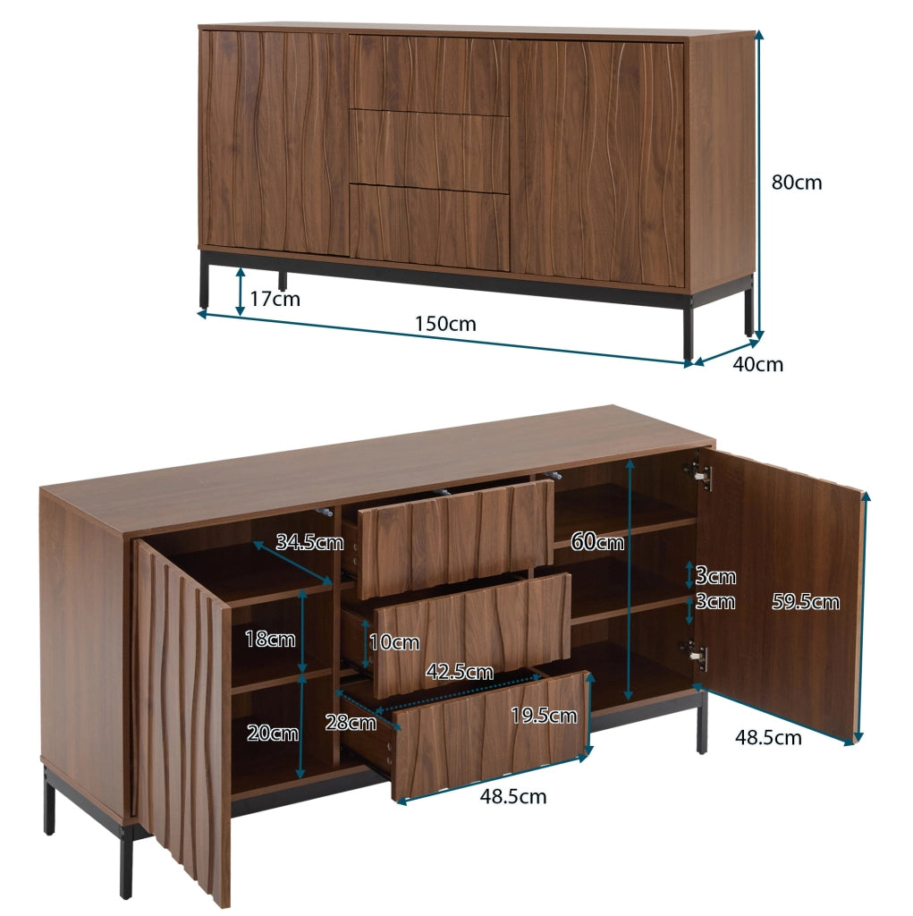 Credenza 150 cm in MDF e PB; con 3 cassetti e ripiani regolabili; marrone scuro