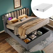 Letto Imbottito Contenitore con LED e Ricarica ¨C MINIMAL ¨C Velluto Grigio 140x200 con materasso