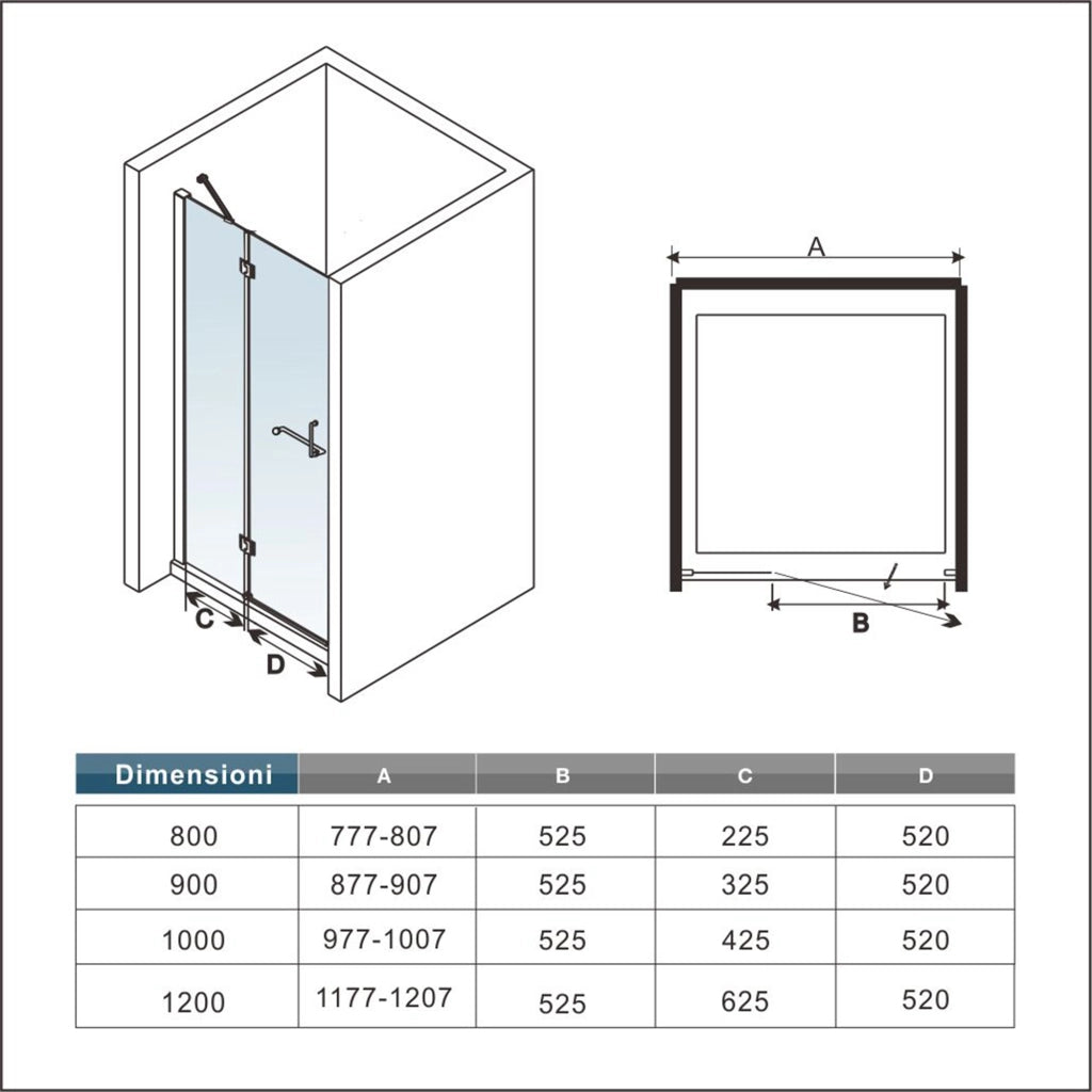 100x190 cm Porta Doccia Per Nicchia Apertura Battente in Vetro 8 mm Temperato Trasparente Anticalcare e Maniglione Porta Asciugamani Barra Stabilizzatrice