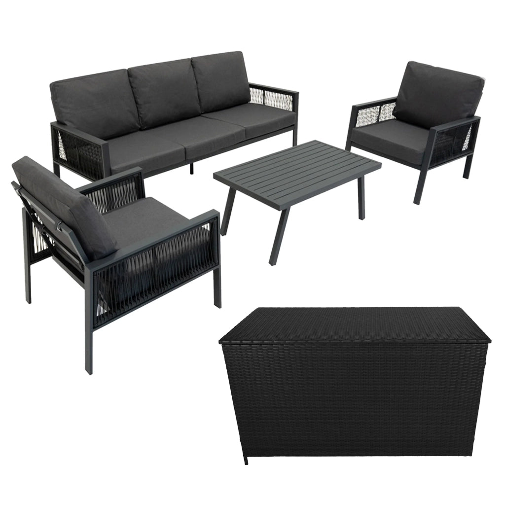 Set Mobili da Giardino 4pz Alluminio Grigio Antracite con Cassapanca Rattan Nera 582L
