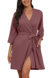 Casual Badjas Driekwart Mouw Kimono per Donne in Wafel Tela, Korte Kamerjas, Loungewear, Sauna e Viaggio (Rosso, XL)