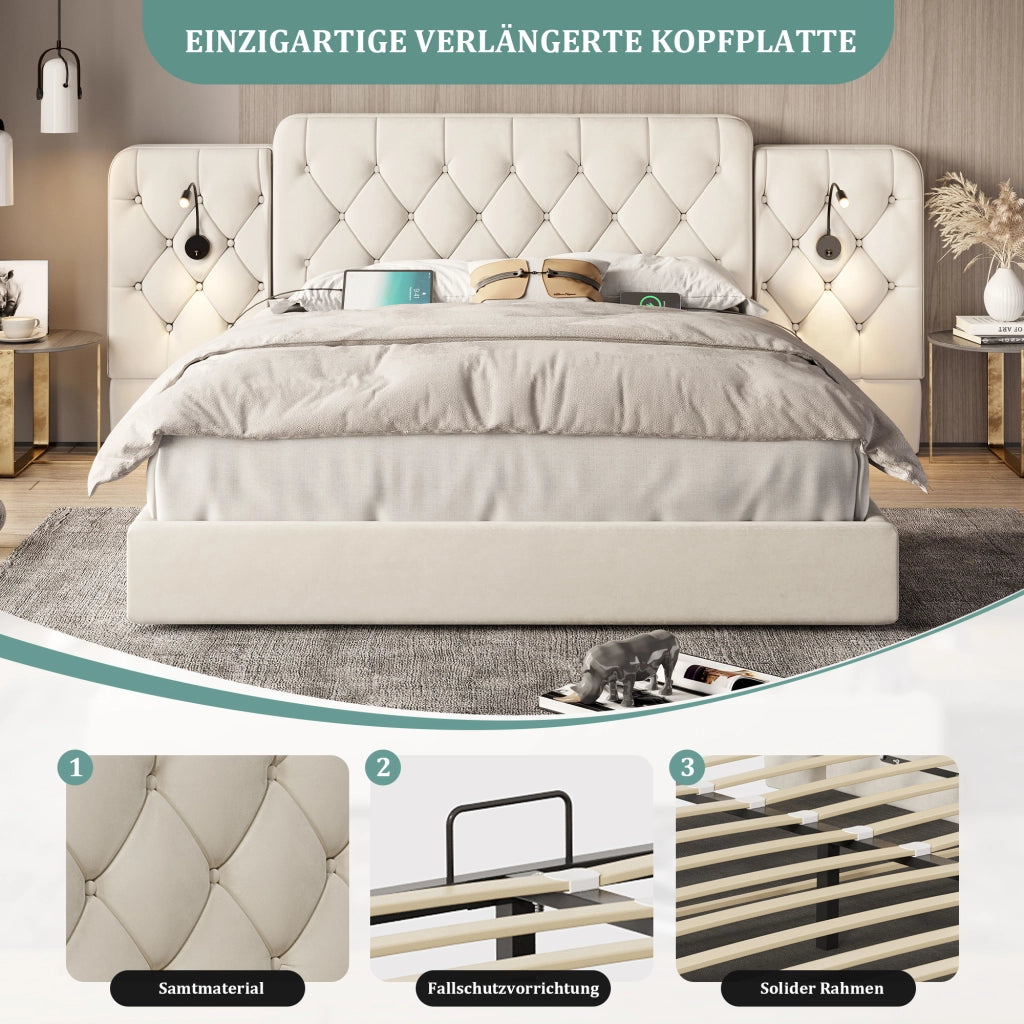 Letto contenitore matrimoniale 160×200 cm con USB; luci da lettura e materasso non incluso; velluto beige