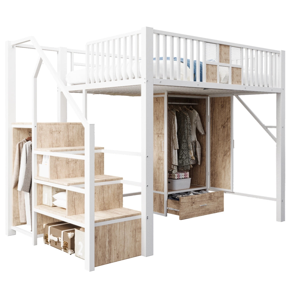 Letto a soppalco 140x200 cm con armadio, cassetto e scala contenitore