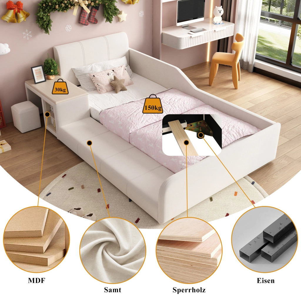 LETTO singolo 90x200 cm in velluto bianco con scrivania e sgabello