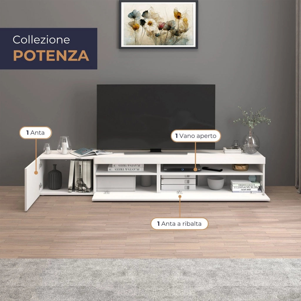 WHOUS Mobile porta tv Potenza con 2 ante e 2 vani bianco lucido 200x40x36 cm