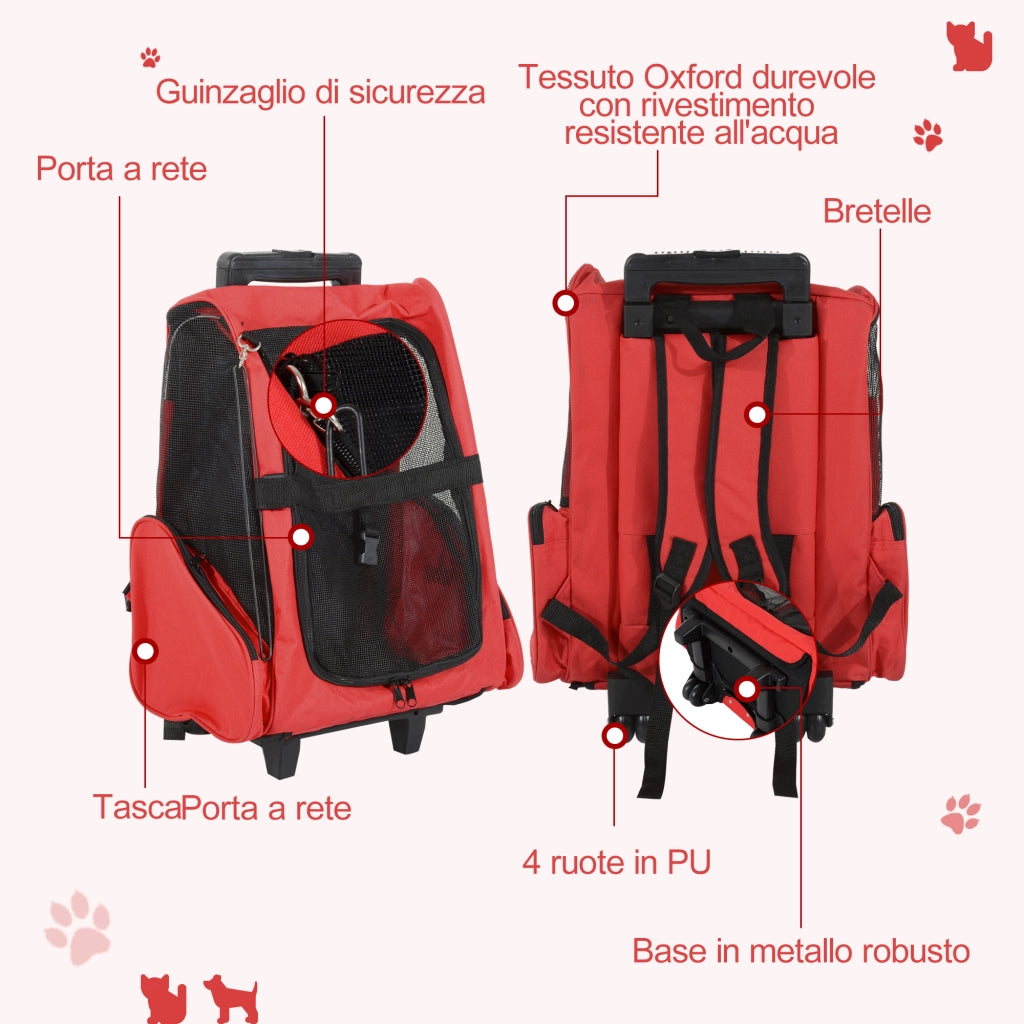 Trasportino Zaino 2 in 1 per Cani e Gatti con Tasche Laterali, Maniglia Telescopica e Ruote, 42x25x55cm, Rosso