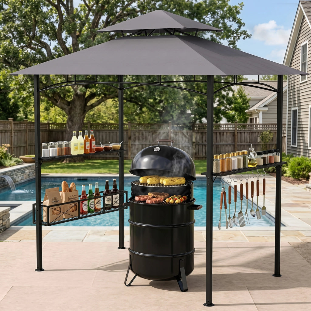 Gazebo per barbecue con cestino portaoggetti 2 ripiani e 8 ganci protezione solare, Gazebo da giardino a 2 livelli Grigio