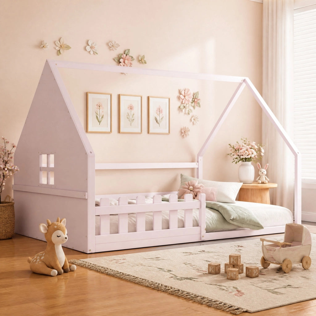 Letto per bambini a casetta 140x200 cm con spondine, in pino e MDF, rosa