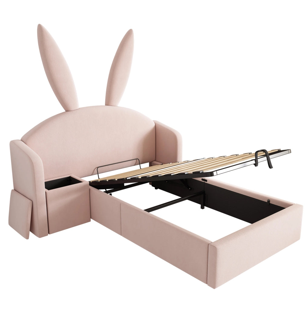 Letto 90x190 cm con contenitore e comodino in velluto rosa