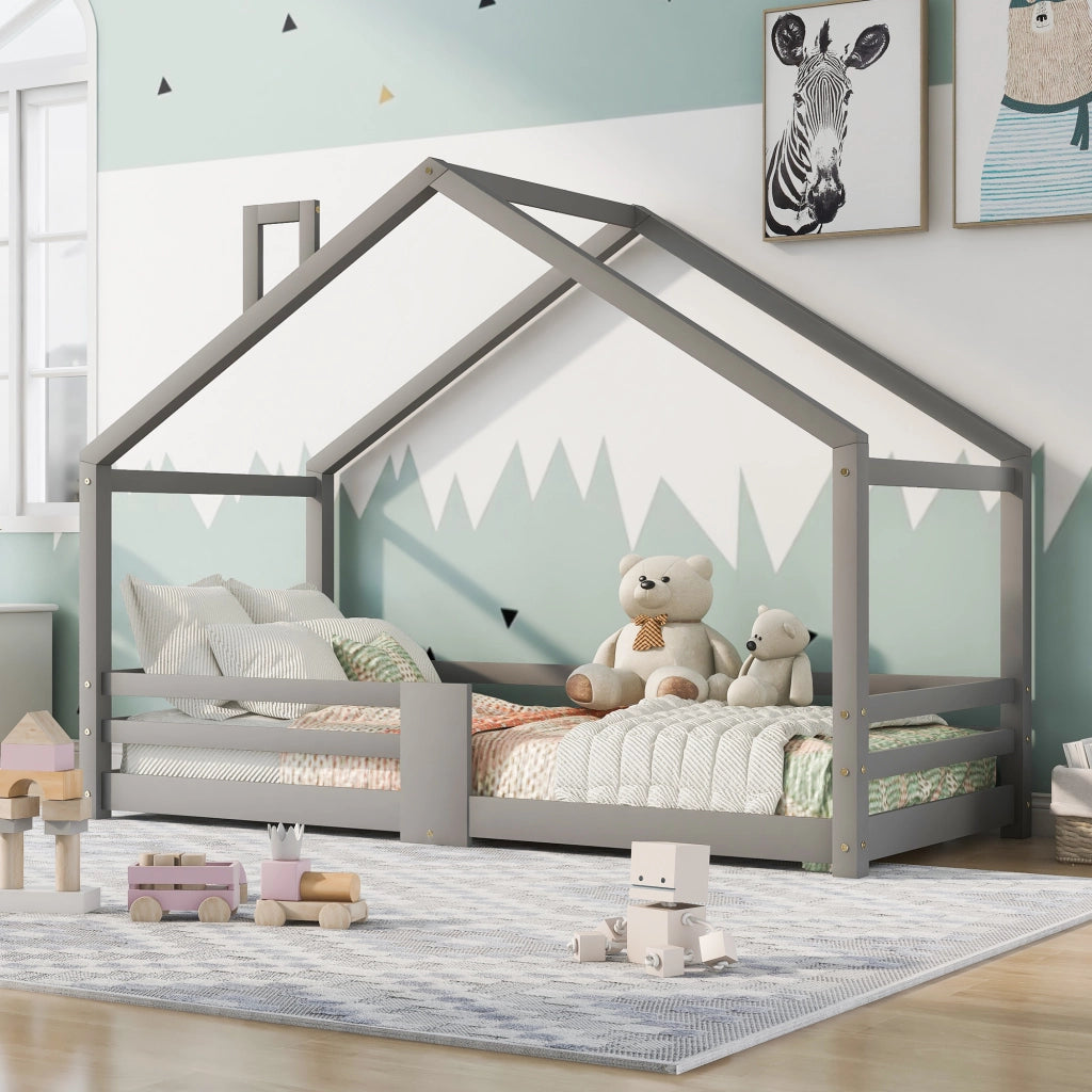 Letto a casetta per bambini con camino, protezione anticaduta, robusta base a doghe, legno di pino, letto a casetta per bambini, 90 x 200 cm senza mat