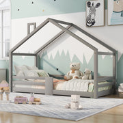 Letto a casetta per bambini con camino, protezione anticaduta, robusta base a doghe, legno di pino, letto a casetta per bambini, 90 x 200 cm senza mat