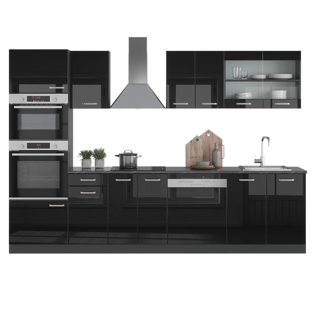 Vicco Cucina componibile Nero lucido/antracite 300 cm con armadio alto, PL Marmo