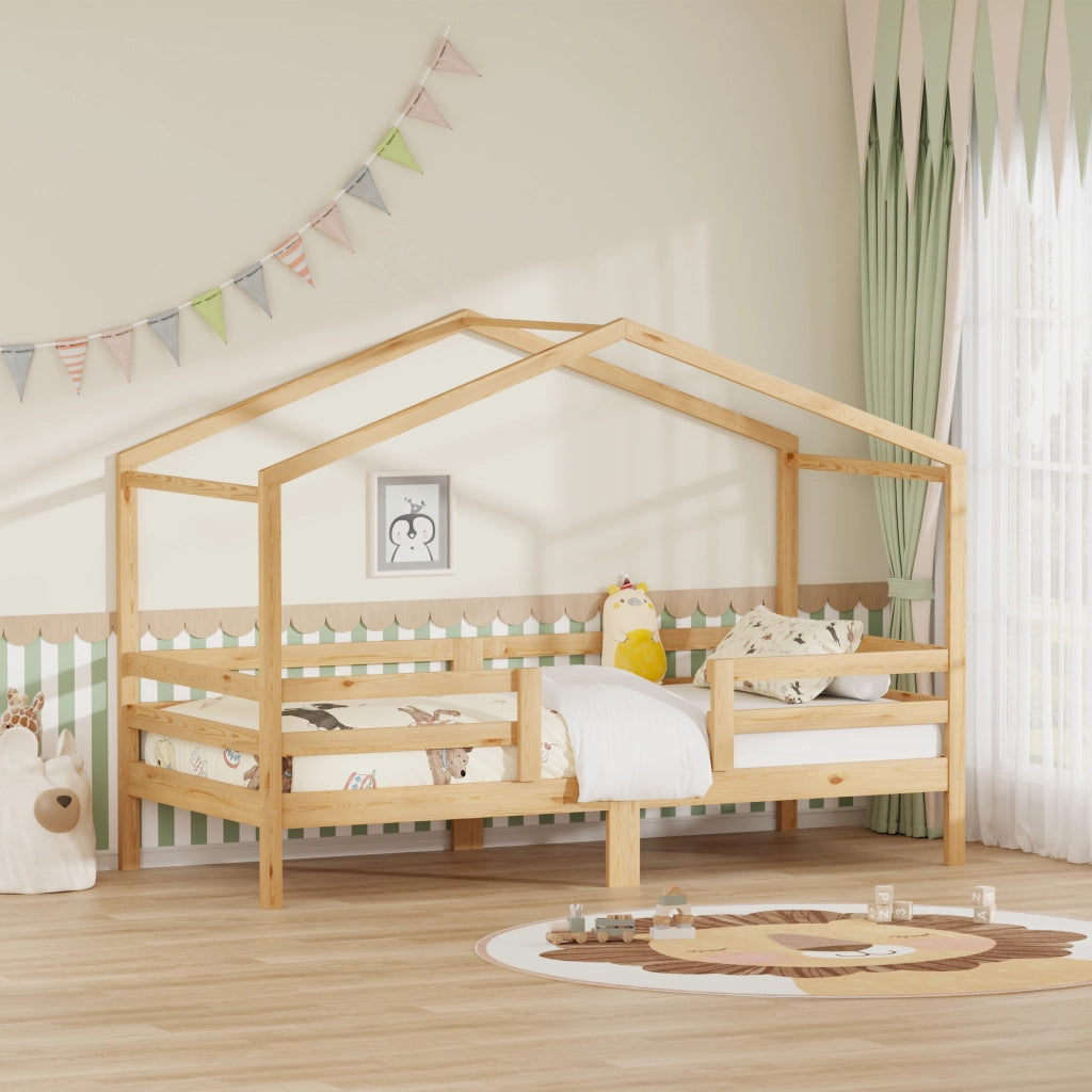 Letto a casetta per bambini 90x200 cm in legno massello di pino, per maschietti e femminucce, con tetto a forma di casetta, protezione anticaduta su t