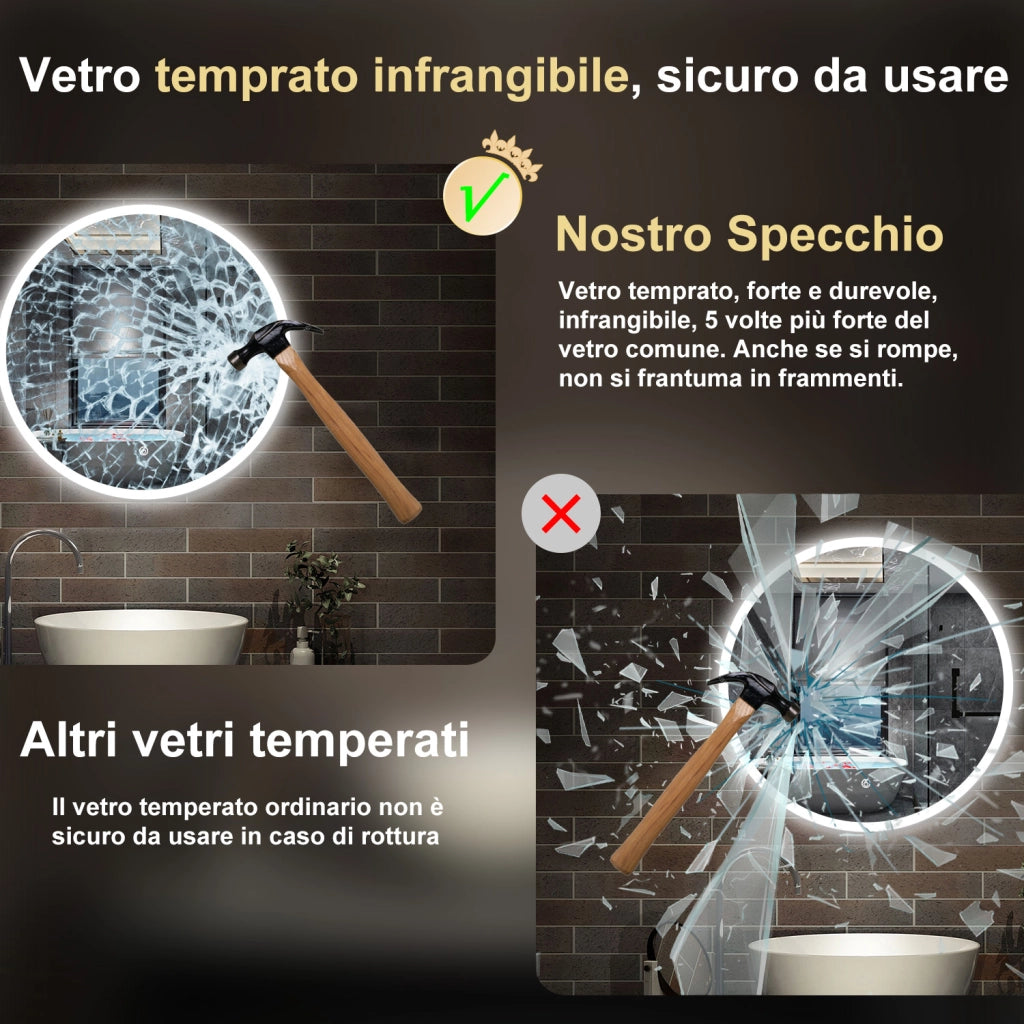 specchio 60 cm rotondo retroilluminato con antiappannamento, funzione dimmerabile e morbido bagliore esterno