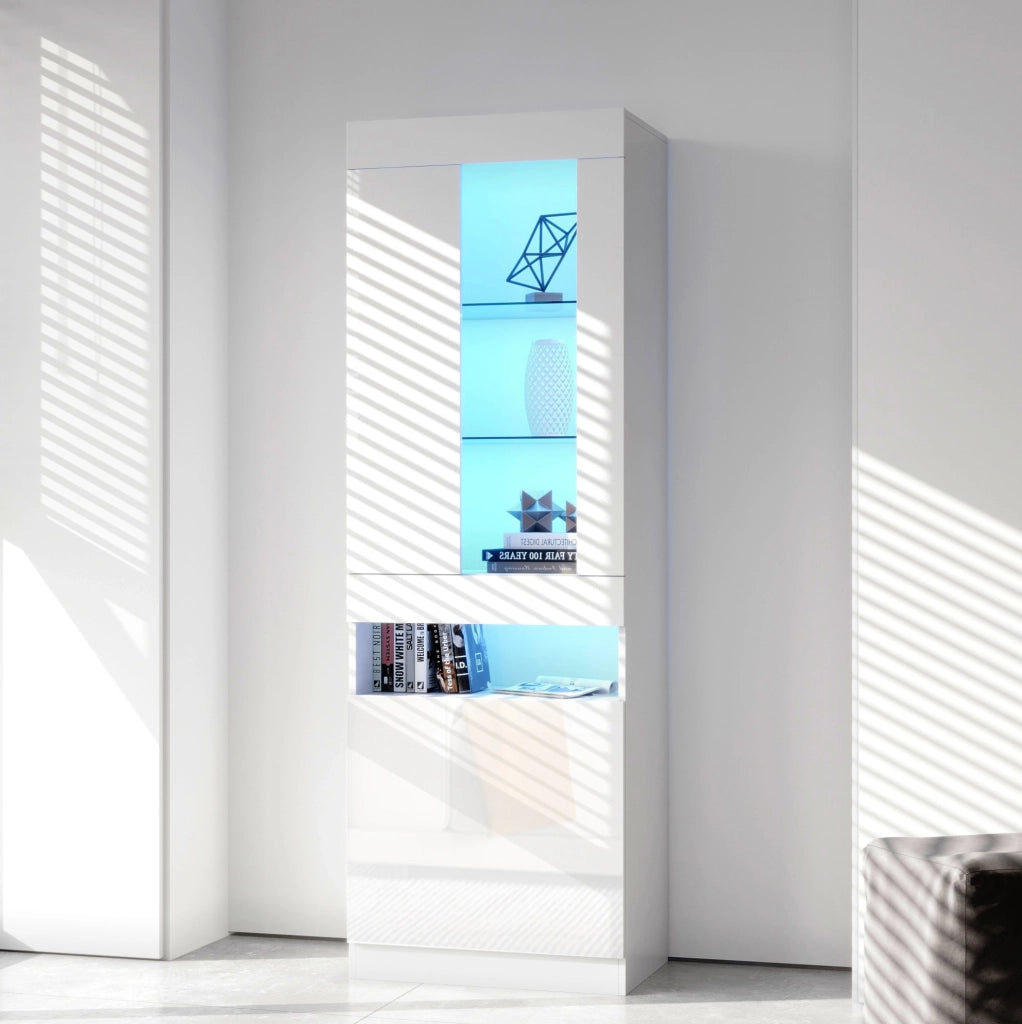 Vetrina moderna 50 x 40 x 180 cm bianca con LED USB; ante in finitura lucida e ripiani in vetro
