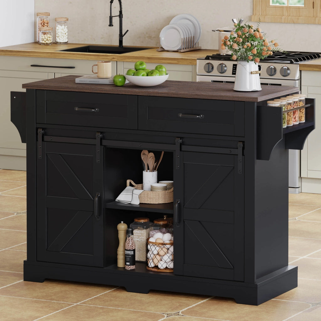 Isola cucina pieghevole - Zephmum- 120¡Á45(70)¡Á91 cm, nero, stile fienile con ante scorrevoli e cassetti